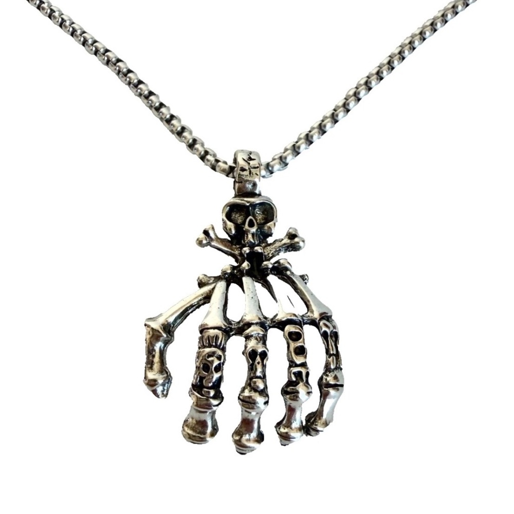 Skeleton Hand Pendant Necklace 26 Inch Stainless Steel Chain Silver Gothic Hand